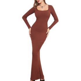 Two-in-one With Lining Double-layer Belly Contracting Hip Lifting Long Sleeve Narrow Dress (Option: Brown-XL)