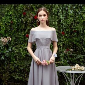 Bridesmaid Long Gray Bridesmaid Sisters Wedding Slimming Off-shoulder Banquet Dress (Option: Gray B-M)